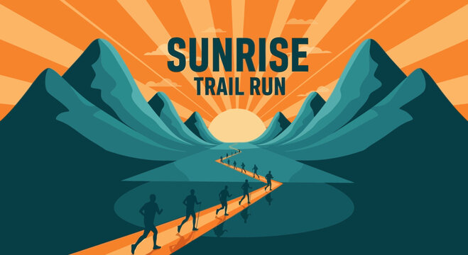 Sunrise Trail Run Illustration Depicting Runners, Mountains, and Majestic Sunrise