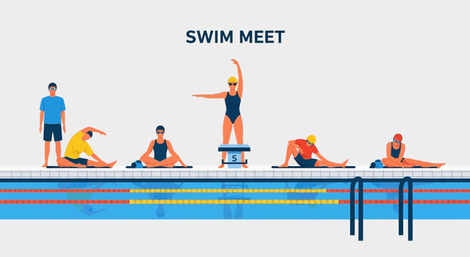 Swim Meet: Athletes Prepare for Competition in Colorful and Dynamic Illustration