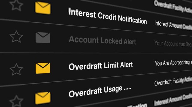 A close-up video of a computer screen displaying various banking alert notifications in a dark interface.