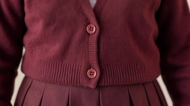Detailed close-up of maroon cardigan school uniform with contrasting buttons and pleated skirt waistband edge
