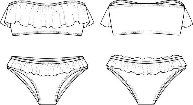 womens ruffle trim bandeau bikini set strapless tube top two piece swim suit flat sketch vector illustration technical cad drawing template