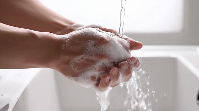 Washing hands with soap and water - A person washes their hands with soap and water over a white sink. The video shows the hands covered in suds with water running over them.