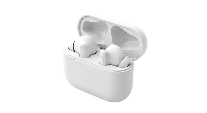White wireless earbuds inside an open charging case cut out on png. ai generated isolated on a transparent background