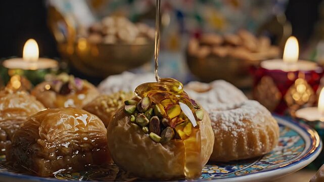 Close-up of Honey Pouring on Pistachio Pastry - A close-up shows honey being drizzled onto a round pastry topped with pistachios, set among other pastries like baklava and cookies dusted with