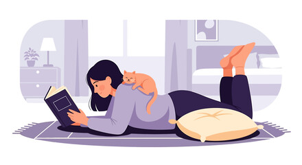 Obraz premium Woman Reading a Book with Cat on Her Back.