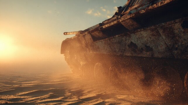 Old military tank in desert during sunset, cinematic lighting, dust clouds rising from treads