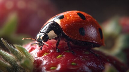 Obraz premium Extreme close-up of a vibrant red ladybug perched gracefully on a succulent strawberry, showcasing intricate details of its shell and antennae