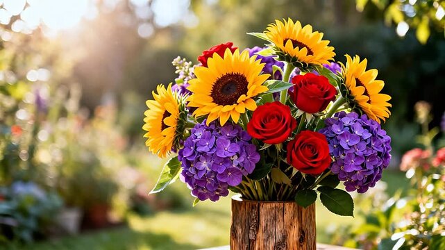 Flower arrangement with sunflowers roses and hydrangeas