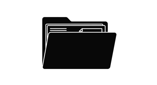 Simple black and white icon of an open folder with documents