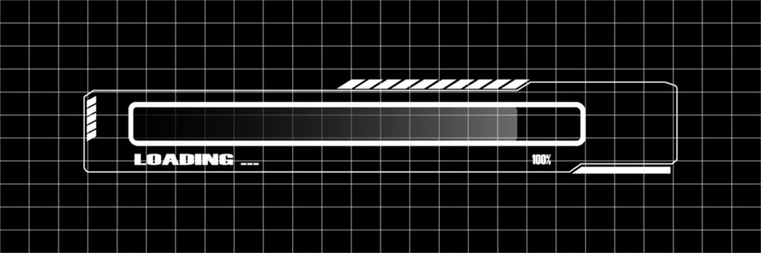 digital loading bar on a black grid background for websites and graphic resources. 100% loaded bar.