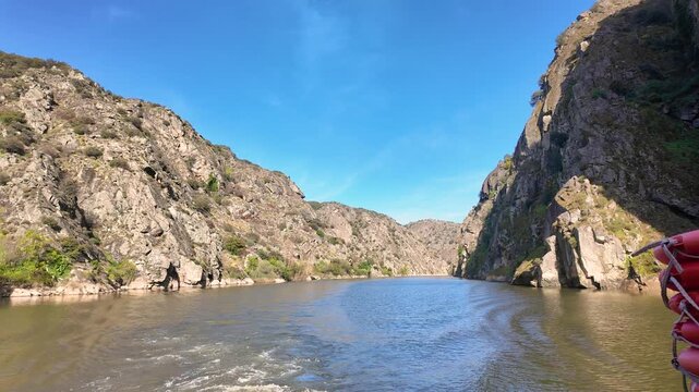 Cinematic Boat Journey: Gliding Through the Douro River Valley Landscape