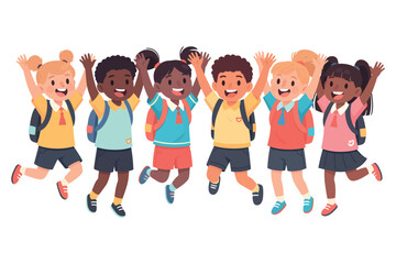 Obraz premium Joyful group of diverse children jumping with backpacks celebrating education