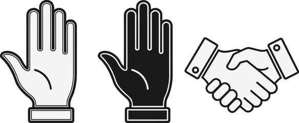 Obraz premium Set of hand icons including palm open gestures and a handshake, representing agreement, partnership, greeting, support, teamwork, and business cooperation,