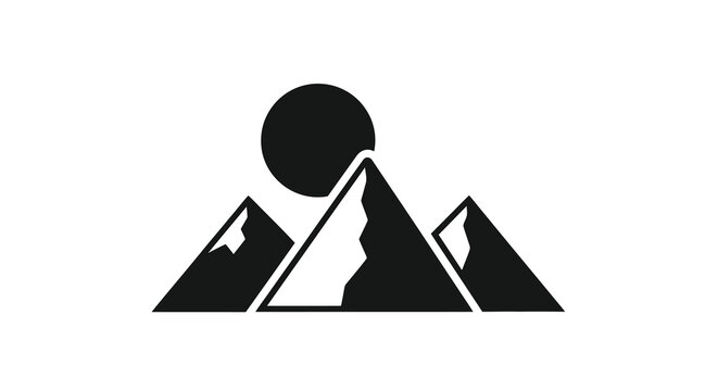 Minimalist black and white illustration of mountains and a circular sun