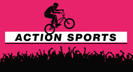 Naklejka premium Thrilling BMX Action: Dynamic Silhouette Illustration with Energized Spectators and Vivid Design