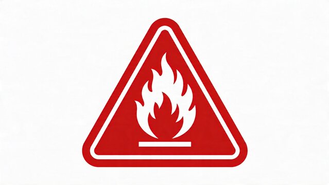  features a triangular warning sign with a red background and a bold white border. Inside the triangle, there is a prominent white flame symbol, indicating a fire hazard. The flame is stylized with th