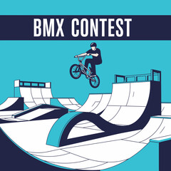 Fototapeta premium Thrilling BMX Contest Depicting Rider Executing a Daring Jump Over Impressive Ramps and Obstacles