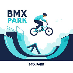Fototapeta premium Thrilling BMX Cyclist Soaring Over Park Features, Achieving Aerial Acrobatics During Sunny Day