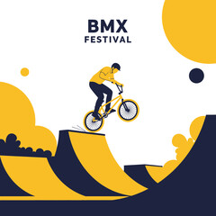 Fototapeta premium Thrilling BMX Festival Illustration Showcasing Biker Performing a Stunt with Abstract Composition