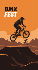 Fototapeta premium Thrilling BMX Festival Showcasing Dynamic Stunts and Aerial Maneuvers with Cyclists Silhouette