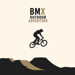 Naklejka premium Thrilling BMX Outdoor Adventure Logo Showcasing Extreme Cycling and Mountainous Landscape Design