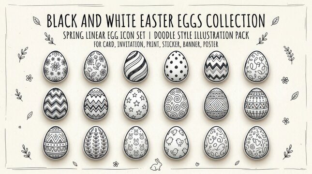 Black and white Easter egg collection with spring floral and geometric patterns vector set