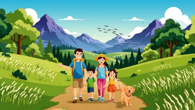 Animated family hike in picturesque landscape with dog,cartoon style outdoor adventure for kids and parents