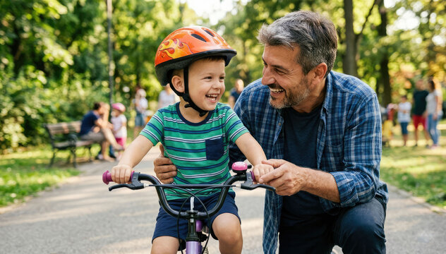 A grandfather guides his little grandson as he learns to ride a bicycle in a sunny park. Family life, friendship, outdoor activity concept.