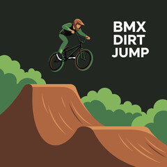 Naklejka premium Thrilling BMX Rider Performing Aerial Stunt Over Dirt Ramp Against Dark Background