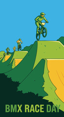 Naklejka premium Thrilling BMX Riders Performing Stunts on Elevated Green Ramps in A Vibrant Illustration
