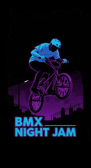 Naklejka premium Thrilling BMX Stunt Performed Under the Gleaming Lights of a Nighttime Metropolis