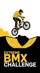 Naklejka premium Thrilling BMX Stunt Performer Executes Airborne Trick During Extreme Challenge Event
