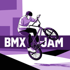 Naklejka premium Thrilling BMX Stunt Performer Executes Freestyle Trick with Purple Graphic Design Elements