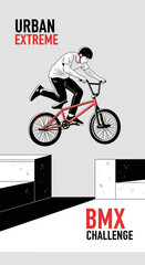 Naklejka premium Thrilling BMX Stunt Performer Navigating Urban Obstacles With Bold Graphics Design Appeal
