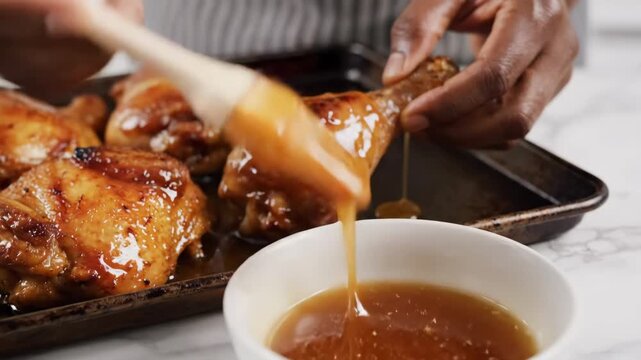 Applying glaze to baked chicken drumsticks close up video preparation in kitchen gourmet sauce