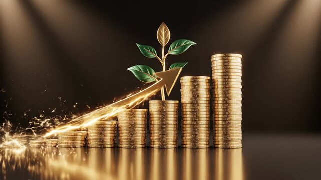 Ascending coin stacks with golden arrow and plant representing financial growth and investment returns