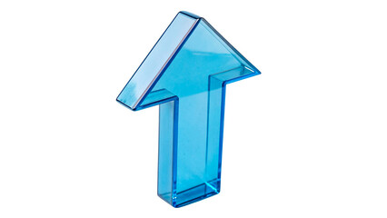 Fototapeta premium Blue arrow shape made of clear material stands upright isolated on transparent background
