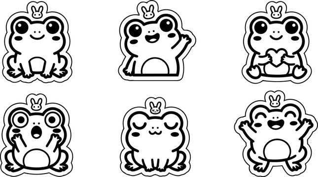 Cute monochrome frog stickers with bunny hats expressing different emotions vector art
