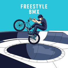 Naklejka premium Thrilling Freestyle BMX Rider Executes a Daring Wheelie in a Skatepark Illustration