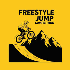 Naklejka premium Thrilling Freestyle Jump Competition Silhouette Against a Vivid Yellow Backdrop