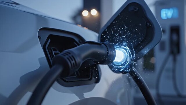 Electric Car Charging Animation - A close-up shot showing the charging plug connected to an electric vehicle, with blue energy or electricity emanating from the connection point.