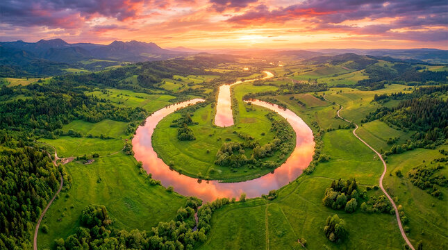 Aerial view of a winding river shaped like a power button symbol in lush green mountain valley at sunset