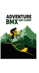 Naklejka premium Thrilling Mountain BMX Adventure Dirt Event Depicting Silhouette Rider and Majestic Landscape