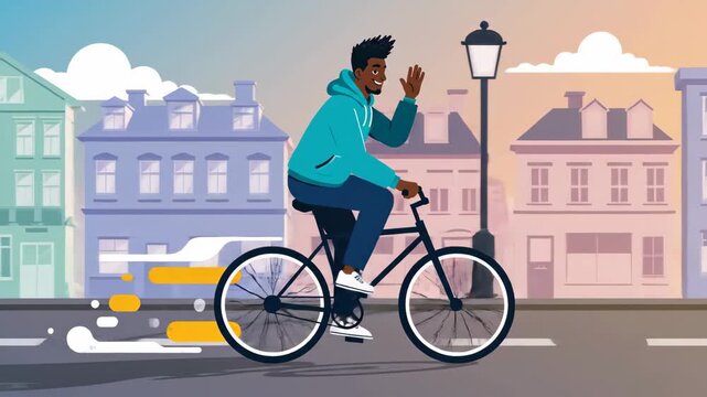 Cheerful african american man cycling through colorful city waving hello in animated cartoon style