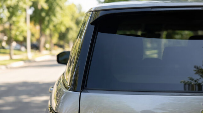 Close up of modern luxury silver car side rear window and roof line parked on a suburban street in summer