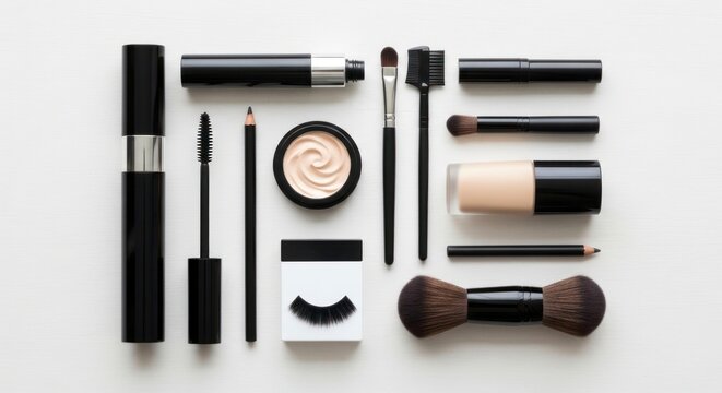 Sleek Black and Nude Makeup Essentials in a Meticulous Geometric Knolling Composition on a White Backdrop.