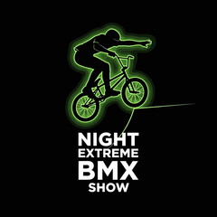 Naklejka premium Thrilling Night BMX Show Featuring Neon Silhouette Stunt Rider Over Black Background