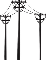Black silhouette of three overhead power line poles with wires against white background, also transparent background © BeCoolOk