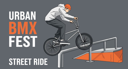 Naklejka premium Thrilling Urban BMX Action: A Vibrant Display Of Street Cycling Skills