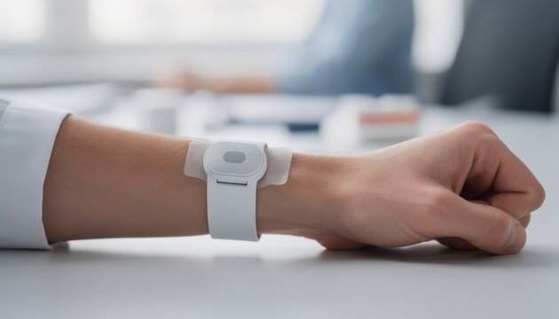 Medium shot of a wearable smart patch on a forearm with detailed focus on the device as background figures and objects blur softly emphasizing connected health monitoring.